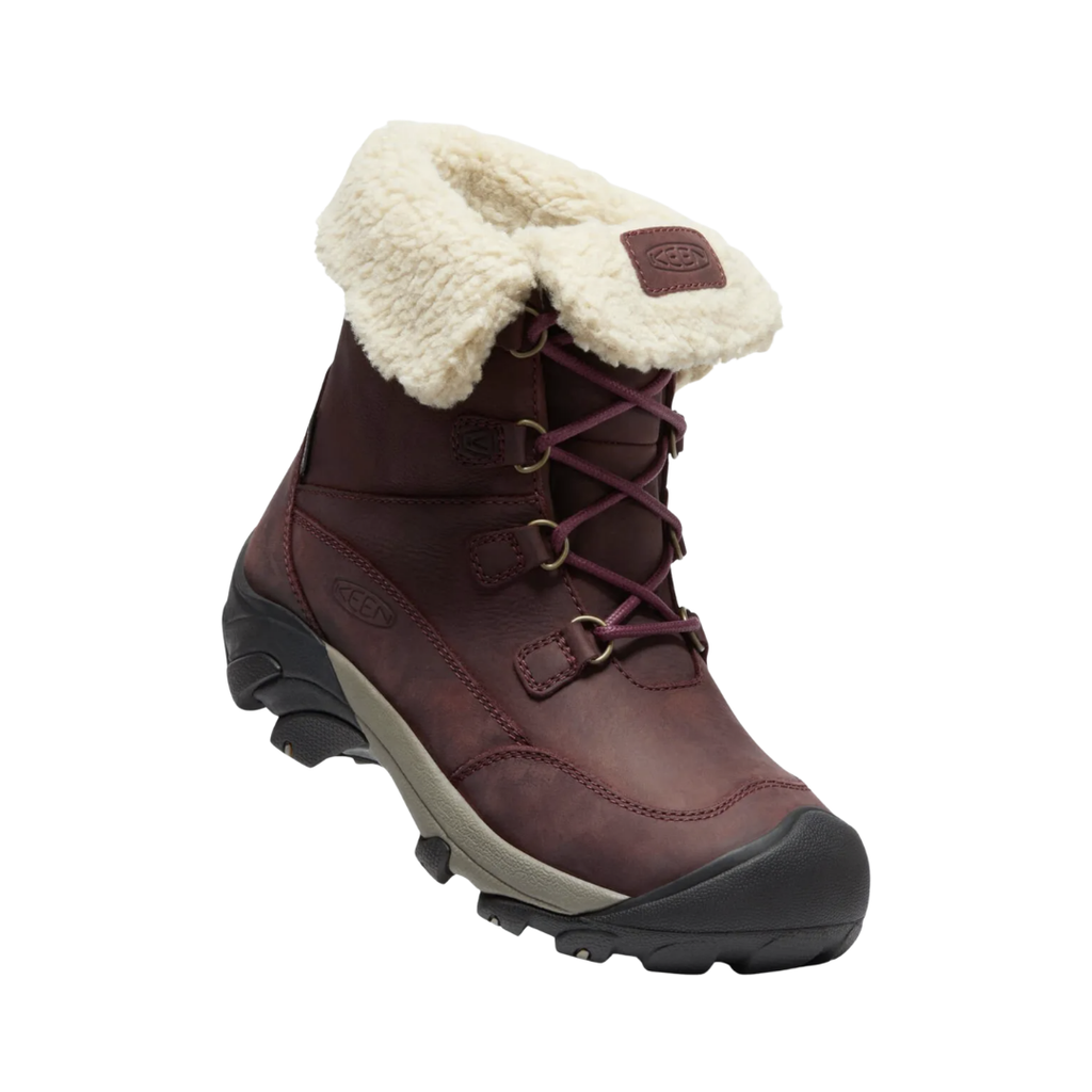 KEEN Women's Betty Waterproof Short Boot in Burgundy/Brindle featuring a durable leather and textile upper, KEEN.DRY waterproof protection, insulated microfleece lining, and a rugged rubber outsole.