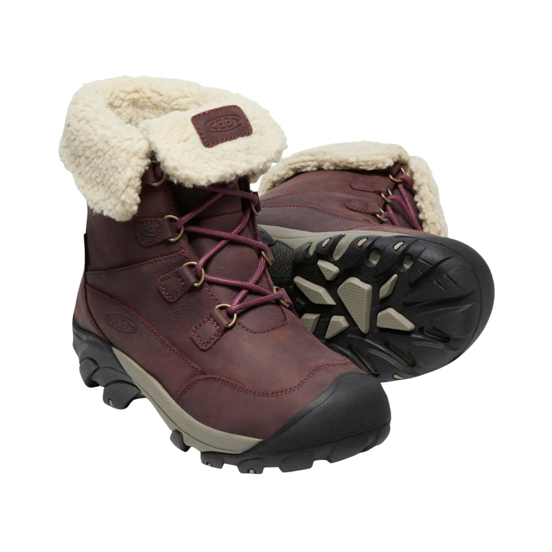 KEEN Women's Betty Waterproof Short Boot in Burgundy/Brindle featuring a durable leather and textile upper, KEEN.DRY waterproof protection, insulated microfleece lining, and a rugged rubber outsole.