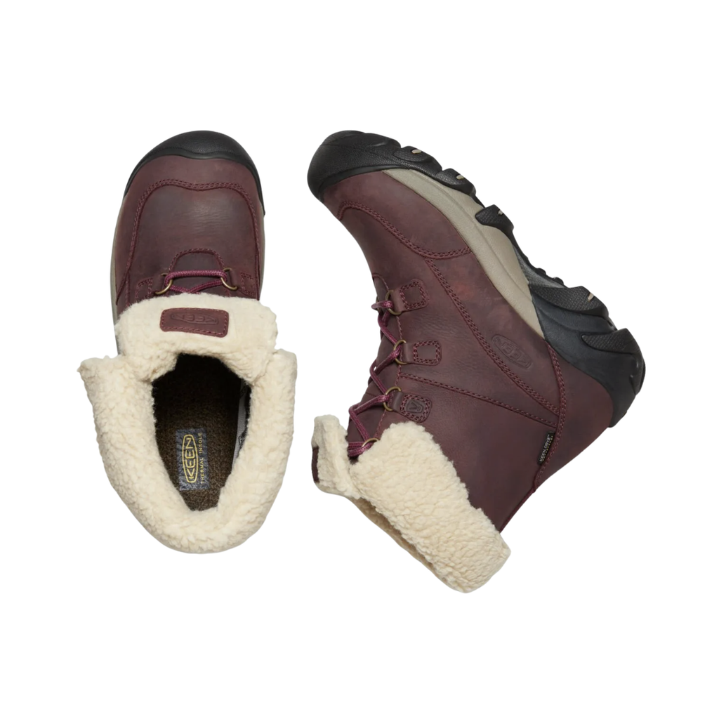 KEEN Women's Betty Waterproof Short Boot in Burgundy/Brindle displaying the boot opening, cozy microfleece lining, and removable dual-density EVA footbed that accommodates custom orthotics.