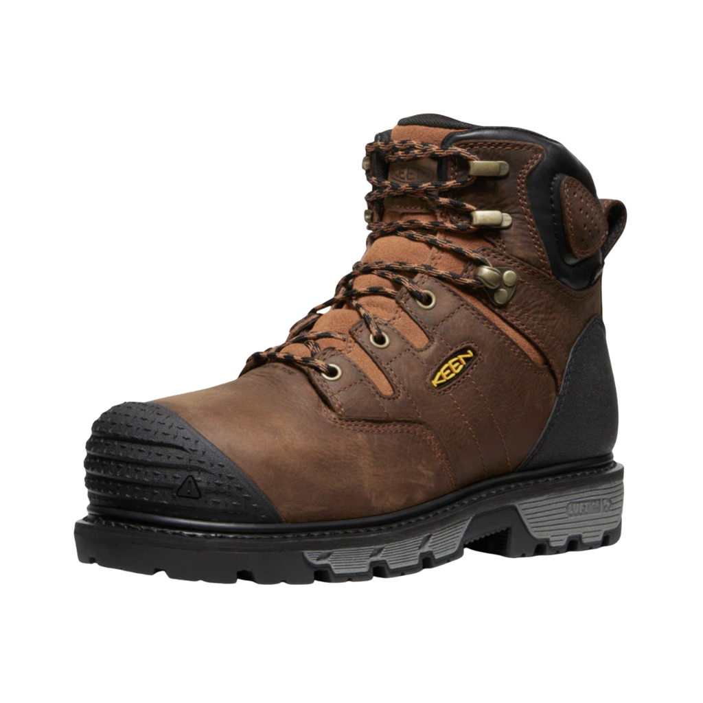 KEEN Men's Camden 6" Waterproof INT MET Carbon Toe work boot in Leather Brown/Black featuring a waterproof leather upper, non-metallic carbon safety toe, internal metatarsal guard, 6-inch shaft, and durable construction for demanding jobsite conditions.