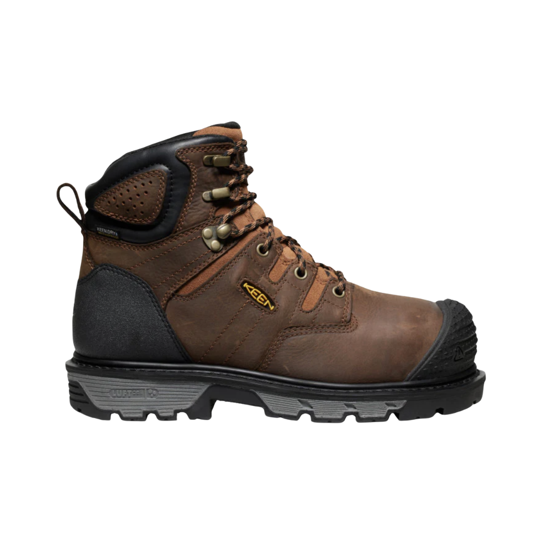 KEEN Men's Camden 6" Waterproof INT MET Carbon Toe work boot in Leather Brown/Black featuring a waterproof leather upper, non-metallic carbon safety toe, internal metatarsal guard, 6-inch shaft, and durable construction for demanding jobsite conditions.