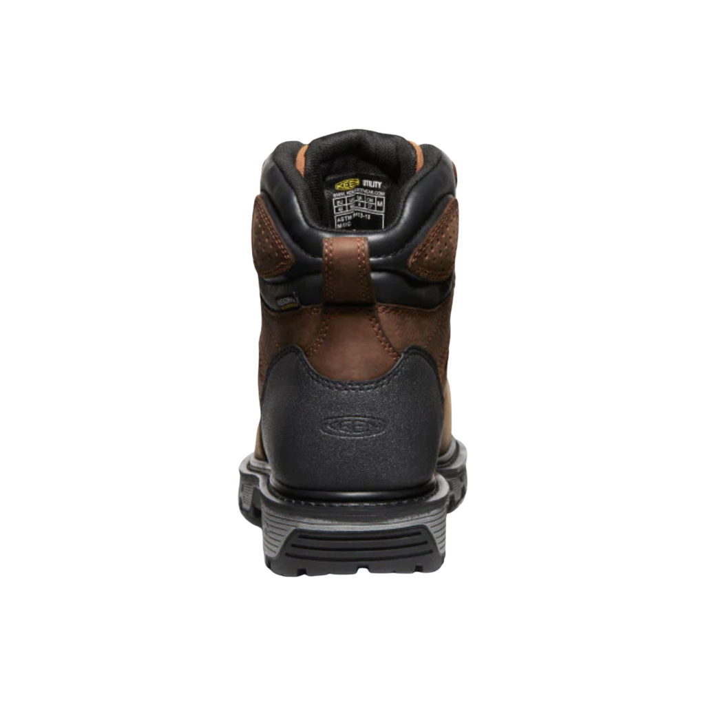 Rear view of the KEEN Men's Camden 6" Waterproof INT MET Carbon Toe Boot in Leather Brown/Black highlighting the 90-degree heel, supportive ankle structure, Goodyear welt construction, and KEEN.TOUGHSOLE outsole built for stability and long-lasting traction.