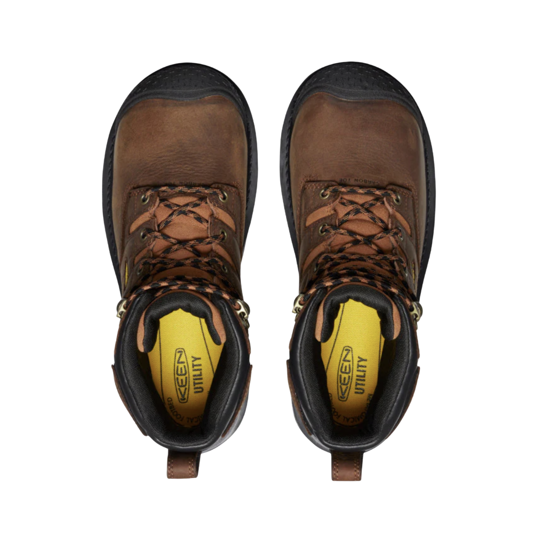 Top view of the KEEN Men's Camden 6" Waterproof INT MET Carbon Toe Boot in Leather Brown/Black displaying the waterproof leather upper, secure lacing system, padded collar, and protective construction surrounding the foot and ankle.