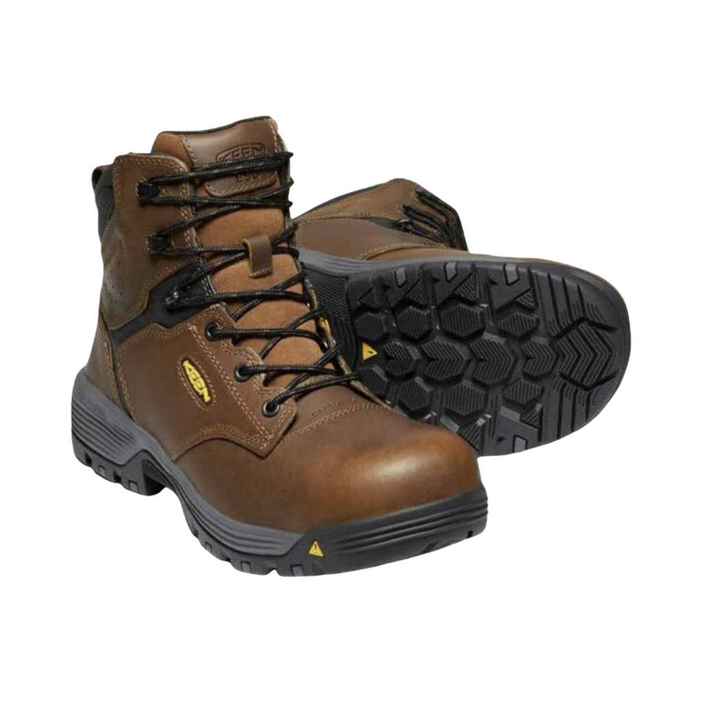 KEEN Men's Chicago 6-Inch ESD work boot in Tobacco/Black featuring a carbon fiber safety toe, durable leather upper, KEEN.ReGEN cushioning, 6-inch ankle support, and rugged construction for demanding work environments.