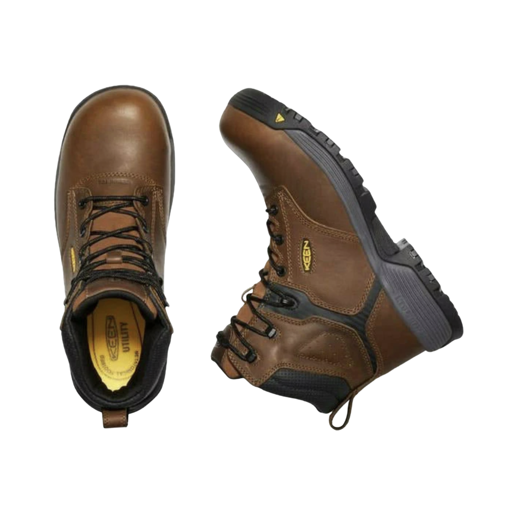 Top view of the KEEN Men's Chicago 6-Inch ESD Boot in Tobacco/Black displaying the durable upper, secure lacing system, padded collar, moisture-wicking lining, and removable footbed designed to accommodate custom or over-the-counter orthotics.