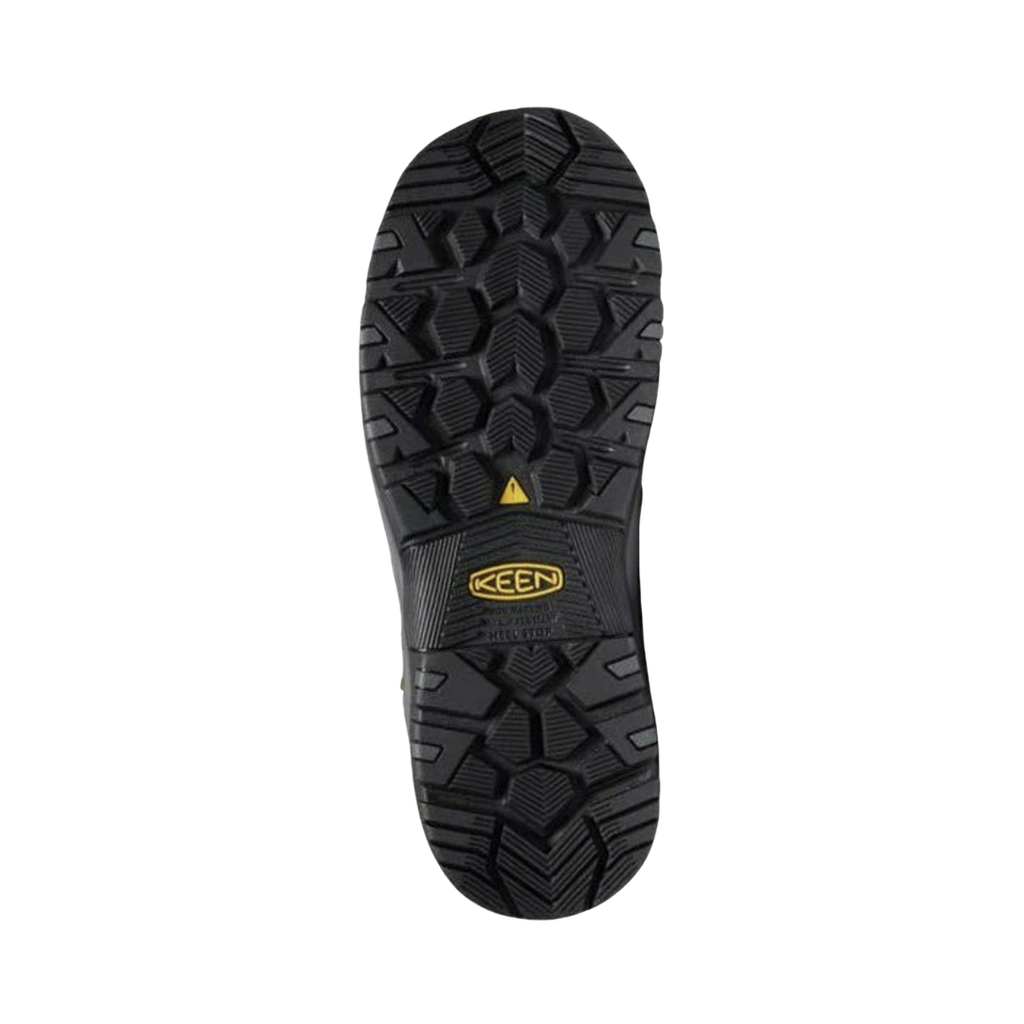 Bottom view of the KEEN Men's Chicago 6-Inch ESD Boot in Tobacco/Black highlighting the oil- and slip-resistant rubber outsole and rugged traction pattern designed to provide dependable grip across demanding work surfaces.