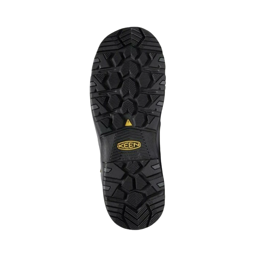 Bottom view of the KEEN Men's Chicago 6-Inch ESD Boot in Tobacco/Black highlighting the oil- and slip-resistant rubber outsole and rugged traction pattern designed to provide dependable grip across demanding work surfaces.