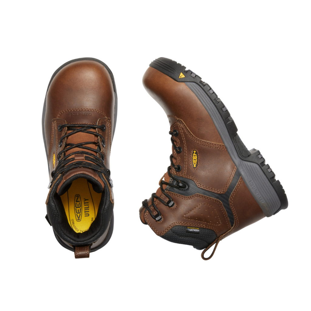 KEEN Women's Chicago 6-Inch Waterproof Work Boot in Tobacco/Black displaying the lace-up closure, padded collar, and removable orthotic-friendly insole for personalized comfort and support.