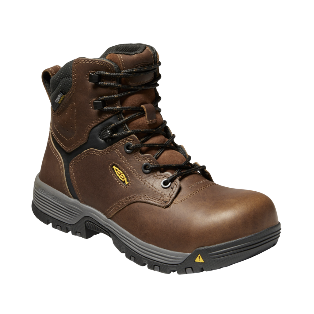 KEEN Women's Chicago 6-Inch Waterproof Work Boot in Tobacco/Black featuring a durable leather upper, KEEN.DRY waterproof protection, carbon fiber safety toe, and slip- and oil-resistant rubber outsole.
