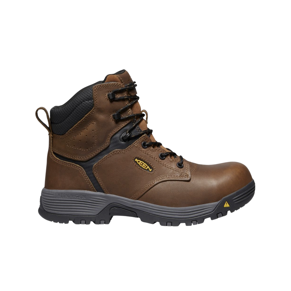 KEEN Men's Chicago 6-Inch ESD work boot in Tobacco/Black featuring a carbon fiber safety toe, durable leather upper, KEEN.ReGEN cushioning, 6-inch ankle support, and rugged construction for demanding work environments.
