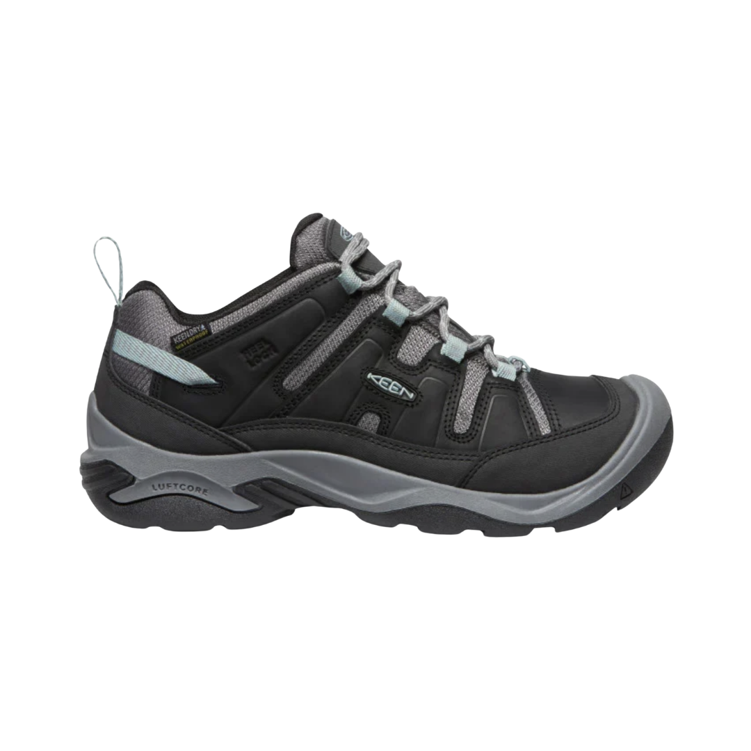 KEEN Women's Circadia Low Waterproof Hiking Shoe in Black/Cloud Blue featuring a durable upper, KEEN.DRY waterproof protection, cushioned EVA midsole, and high-traction rubber outsole.