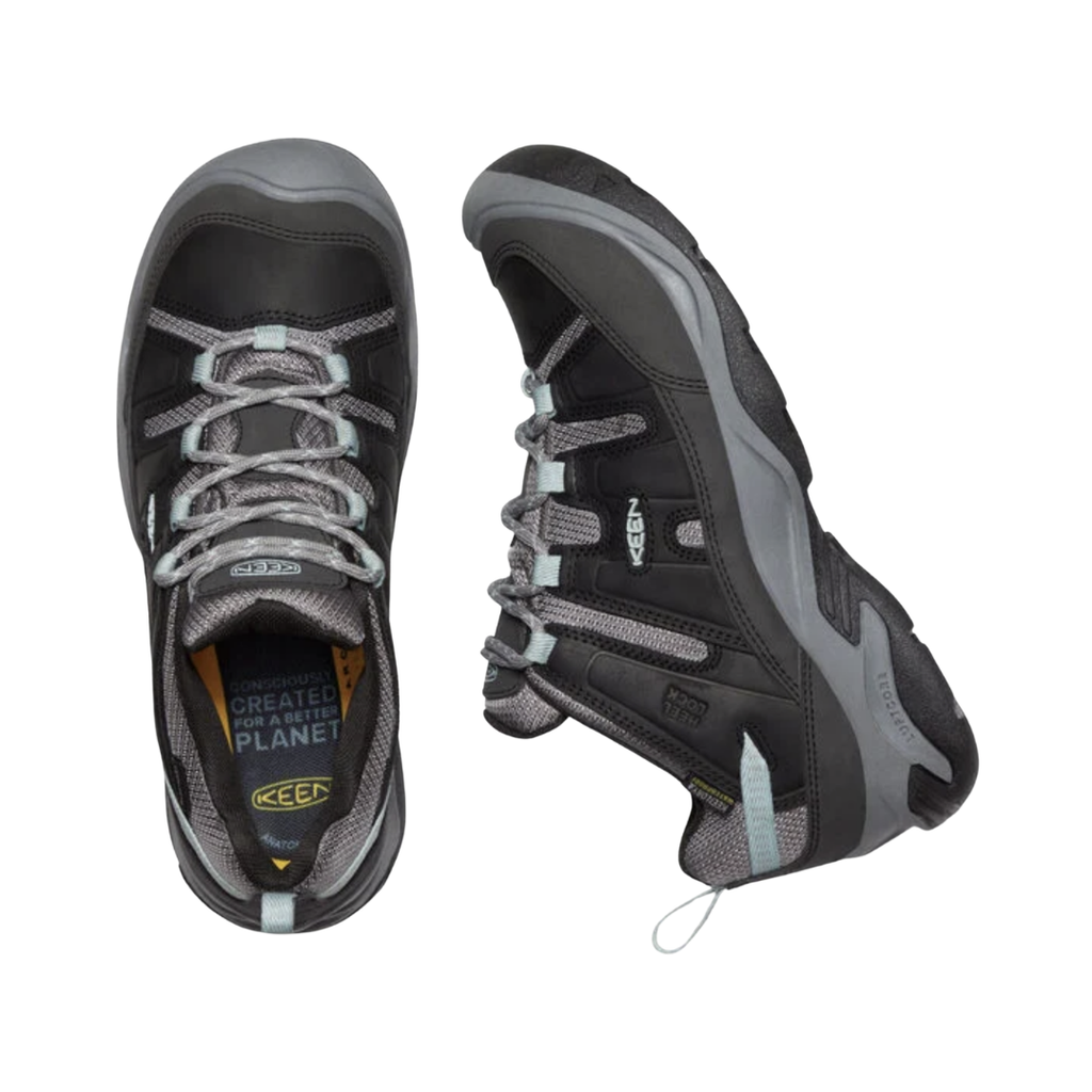 KEEN Women's Circadia Low Waterproof Hiking Shoe in Black/Cloud Blue displaying the lace-up closure and removable footbed designed to accommodate custom or over-the-counter orthotics.