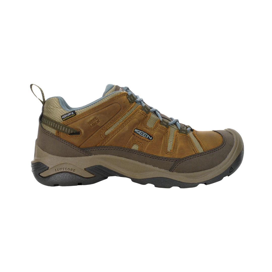 KEEN Women's Circadia Low Waterproof Hiking Shoe in Syrup/North Atlantic featuring a durable upper, KEEN.DRY waterproof protection, cushioned EVA midsole, and high-traction rubber outsole.