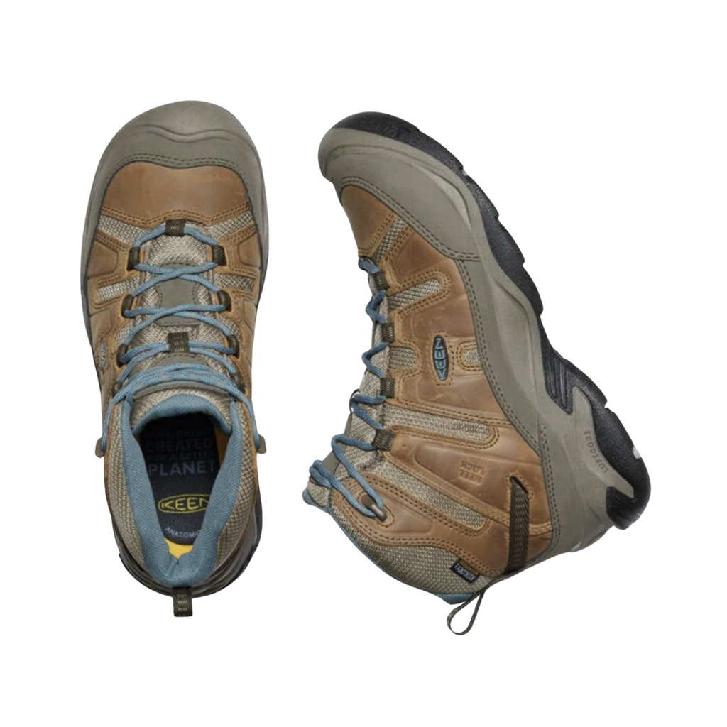 KEEN Women's Circadia Mid Waterproof Hiking Boot in Coconut/North Atlantic displaying the lace-up design, padded collar, and removable footbed that accommodates custom or over-the-counter orthotics.