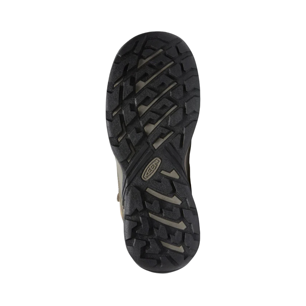 KEEN Women's Circadia Mid Waterproof Hiking Boot outsole featuring a high-traction rubber design for reliable grip on uneven, rocky, and slippery surfaces.