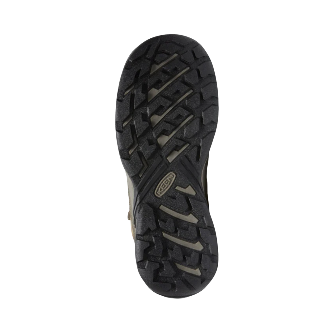 KEEN Women's Circadia Mid Waterproof Hiking Boot outsole featuring a high-traction rubber design for reliable grip on uneven, rocky, and slippery surfaces.