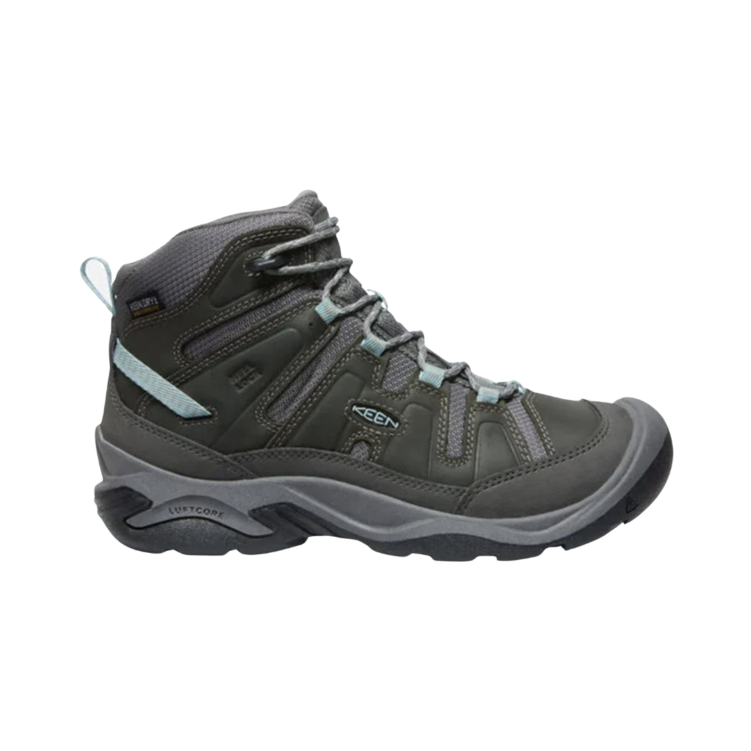 KEEN Women's Circadia Mid Waterproof Hiking Boot in Steel Grey/Cloud Blue featuring a durable upper, KEEN.DRY waterproof protection, cushioned EVA midsole, and high-traction rubber outsole in a wide-width fit.