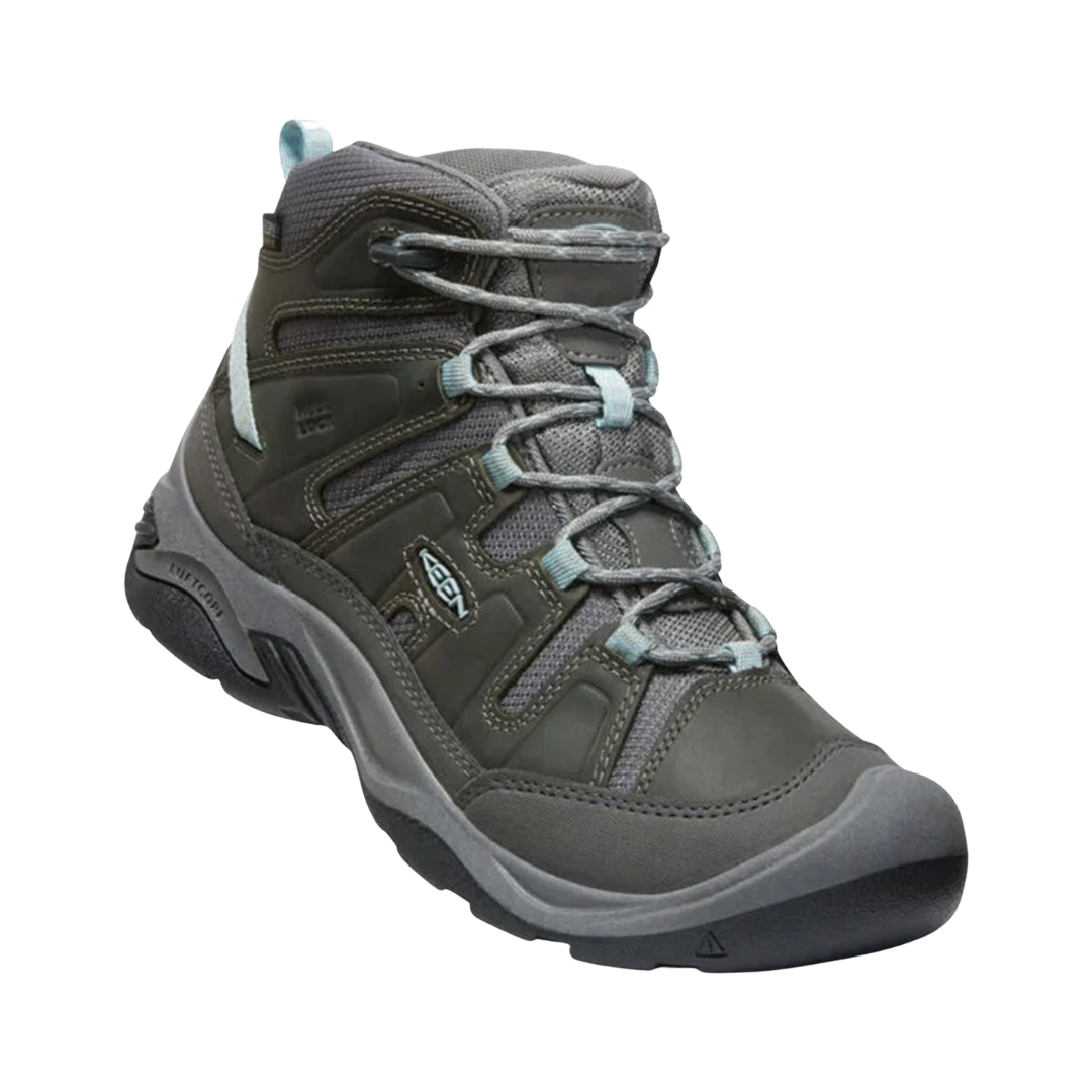 KEEN Women's Circadia Mid Waterproof Hiking Boot in Steel Grey/Cloud Blue featuring a durable upper, KEEN.DRY waterproof protection, cushioned EVA midsole, and high-traction rubber outsole in a wide-width fit.