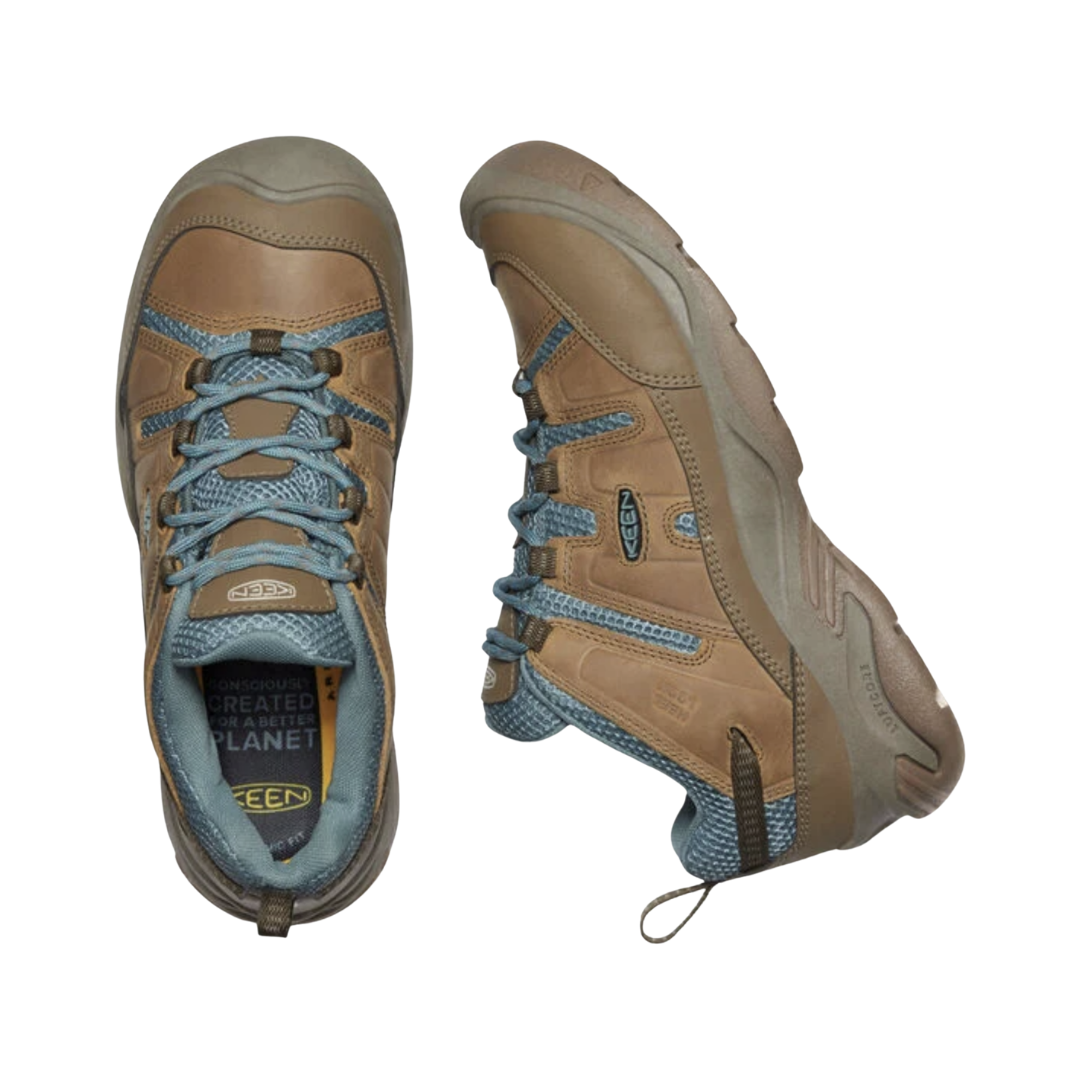 KEEN Women's Circadia Vent Hiking Shoe in Coconut/North Atlantic displaying the breathable mesh panels, lace-up closure, and removable footbed that accommodates custom or over-the-counter orthotics.