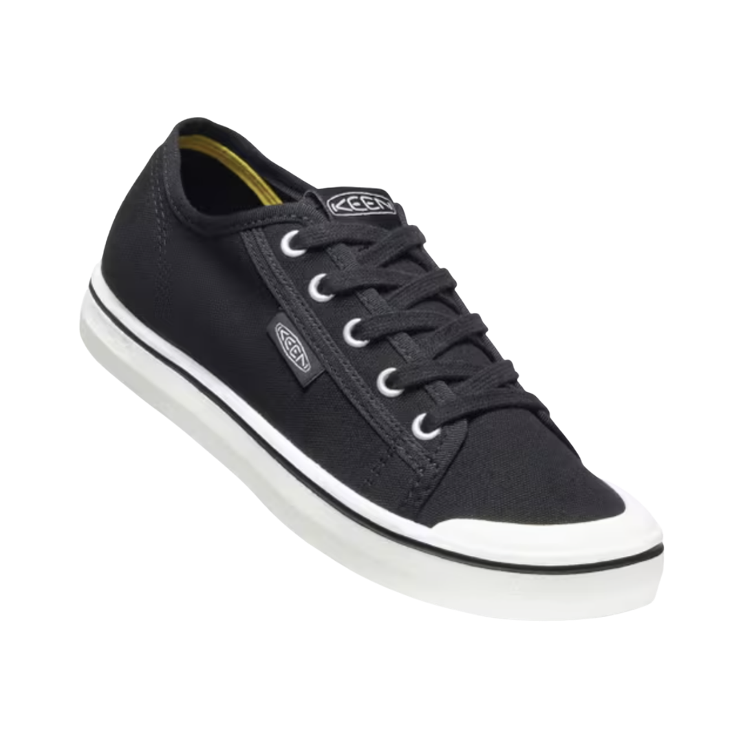 KEEN Women's Elsa Lite Sneaker in Black/Star White featuring a lightweight canvas upper, classic low-profile design, and non-marking rubber outsole.