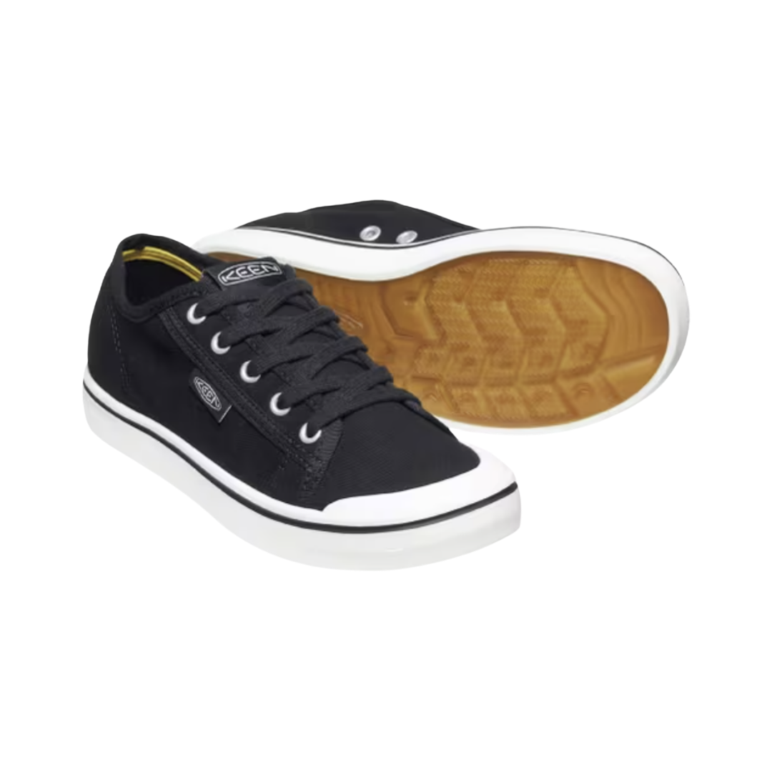 KEEN Women's Elsa Lite Sneaker in Black/Star White featuring a lightweight canvas upper, classic low-profile design, and non-marking rubber outsole.