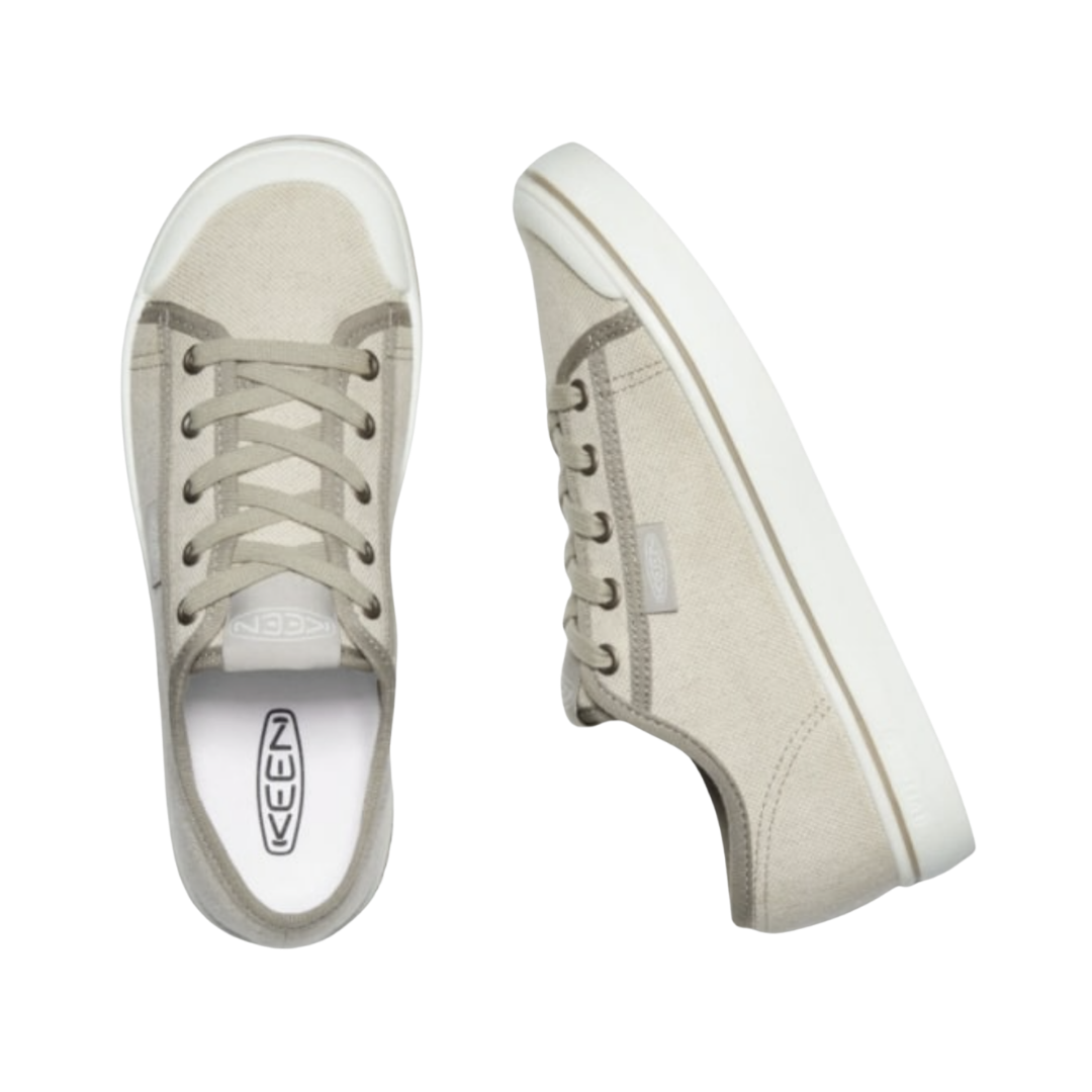 KEEN Women's Elsa V Sneaker in Natural Canvas/Star White displaying the canvas upper, lace-up closure, and cushioned removable PU footbed for orthotic-friendly comfort.