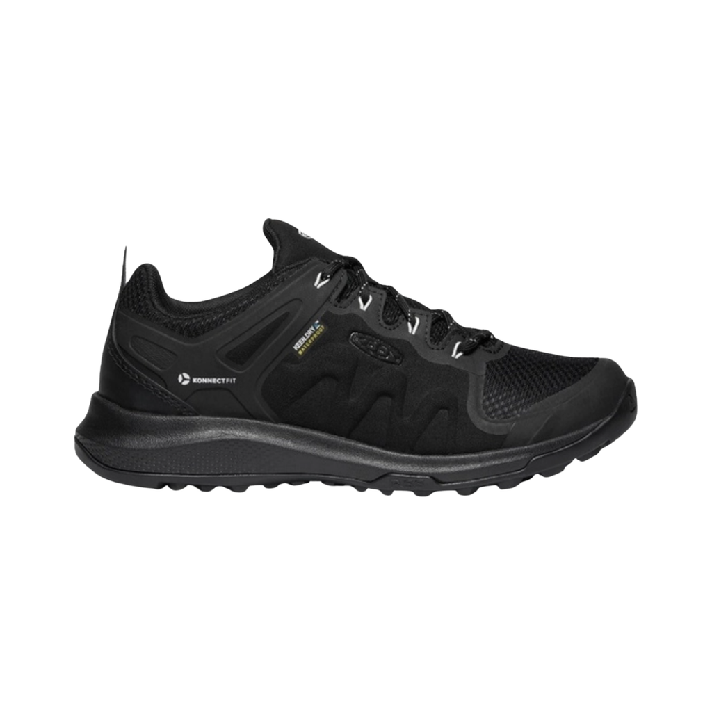 KEEN Women's Explore Waterproof Hiker in Black/Star White featuring a performance mesh upper with TPU overlays, waterproof construction, cushioned EVA midsole, and rugged rubber outsole.
