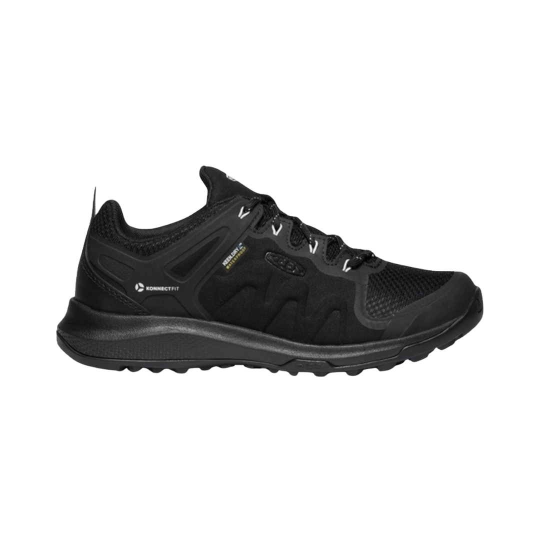 KEEN Women's Explore Waterproof Hiker in Black/Star White featuring a performance mesh upper with TPU overlays, waterproof construction, cushioned EVA midsole, and rugged rubber outsole.
