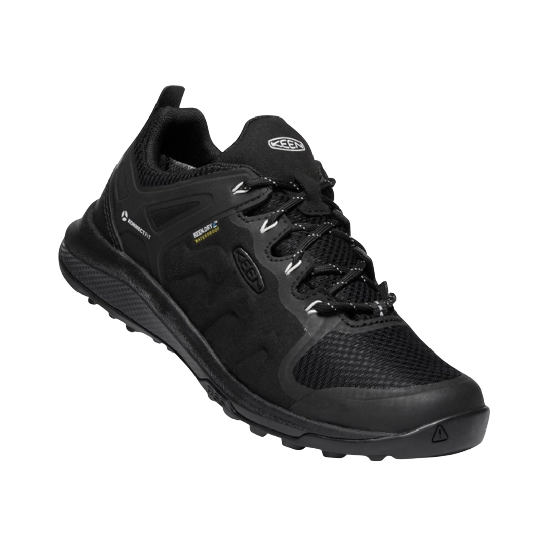 KEEN Women's Explore Waterproof Hiker in Black/Star White featuring a performance mesh upper with TPU overlays, waterproof construction, cushioned EVA midsole, and rugged rubber outsole.
