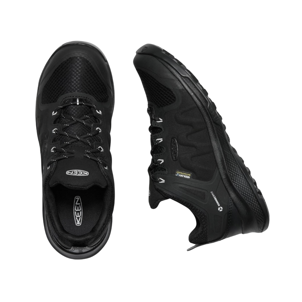 KEEN Women's Explore Waterproof Hiker in Black/Star White displaying the mesh upper, lace-up closure, and removable PU footbed for cushioned, orthotic-friendly comfort.