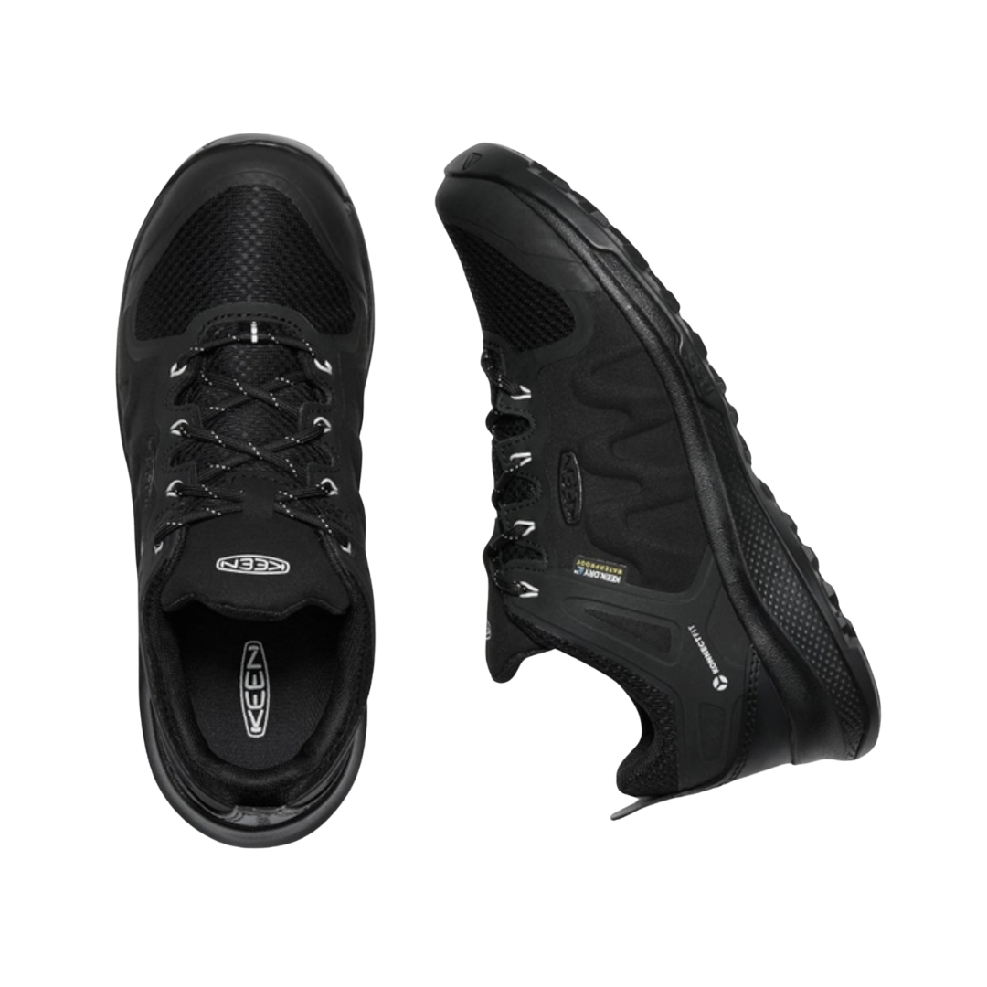 KEEN Women's Explore Waterproof Hiker in Black/Star White displaying the mesh upper, lace-up closure, and removable PU footbed for cushioned, orthotic-friendly comfort.