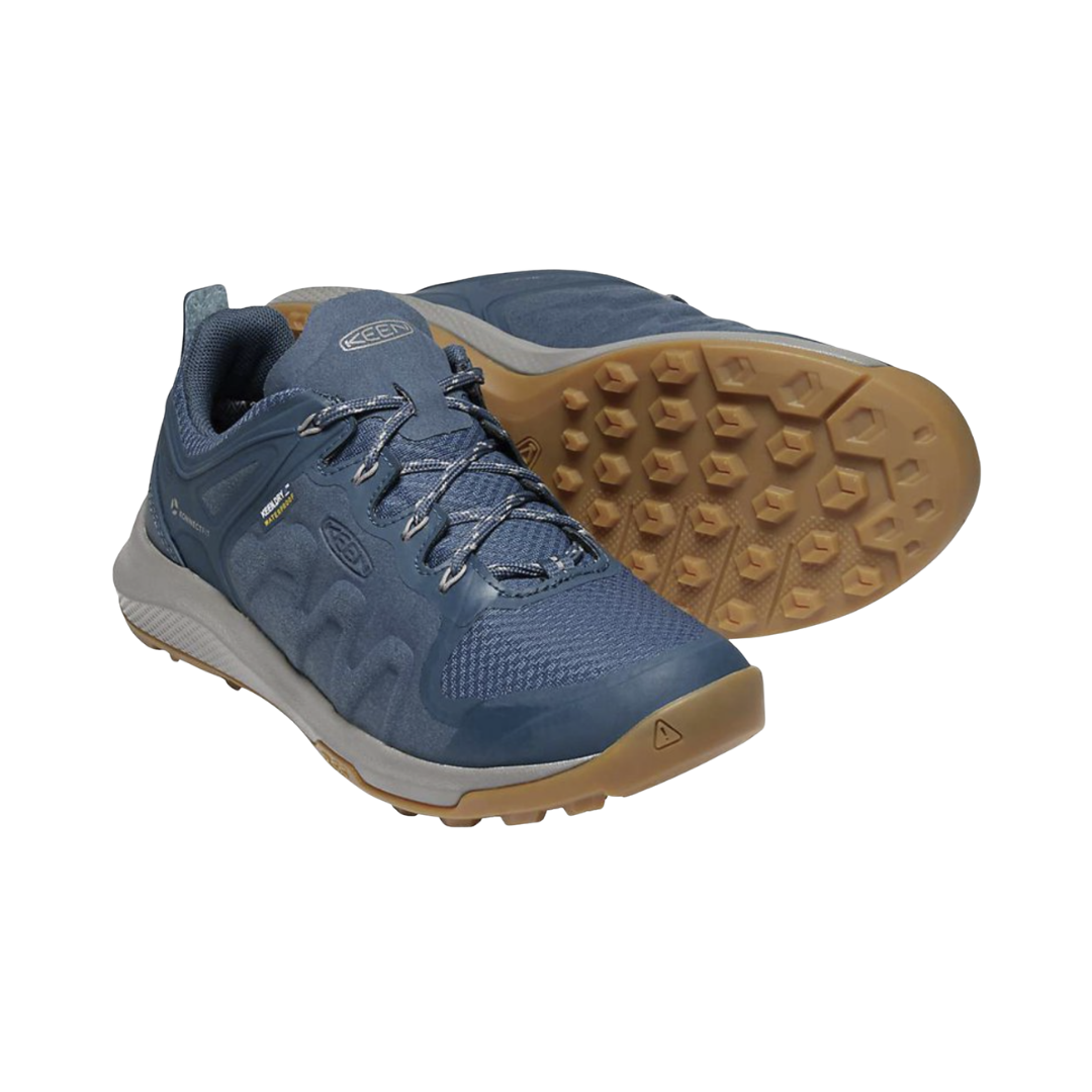 KEEN Women's Explore Waterproof Hiker in Majolica Blue/Satellite featuring a performance mesh upper with TPU overlays, waterproof construction, cushioned EVA midsole, and rugged rubber outsole.