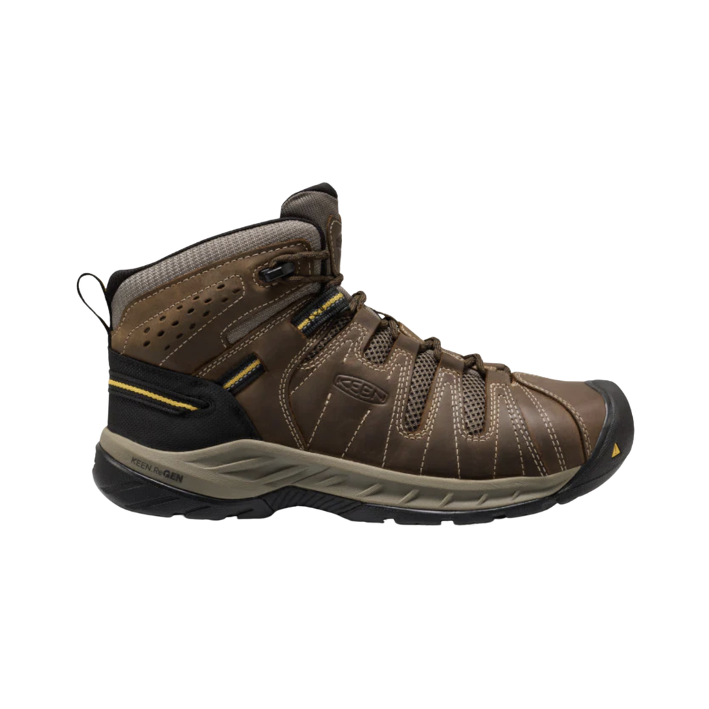 KEEN Men's Flint II Mid Steel Toe work boot in Cascade Brown/Golden Rod featuring a water-resistant leather and mesh upper, asymmetrical steel toe, KEEN.ReGEN cushioning, external stability shank, and mid-height ankle support.