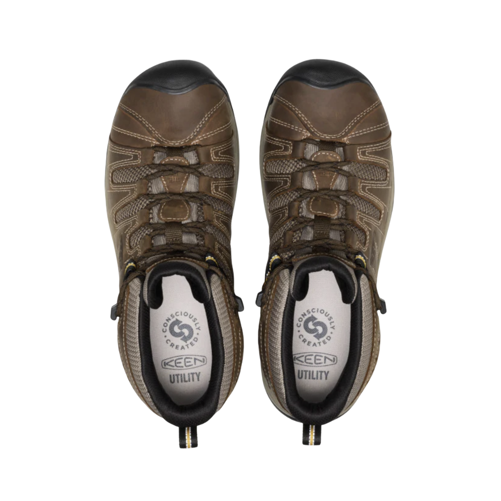 Top view of the KEEN Men's Flint II Mid Steel Toe Boot in Cascade Brown/Golden Rod displaying the water-resistant leather and mesh upper, secure lacing system, padded collar, and removable dual-density EVA footbed designed to accommodate custom or over-the-counter orthotics.