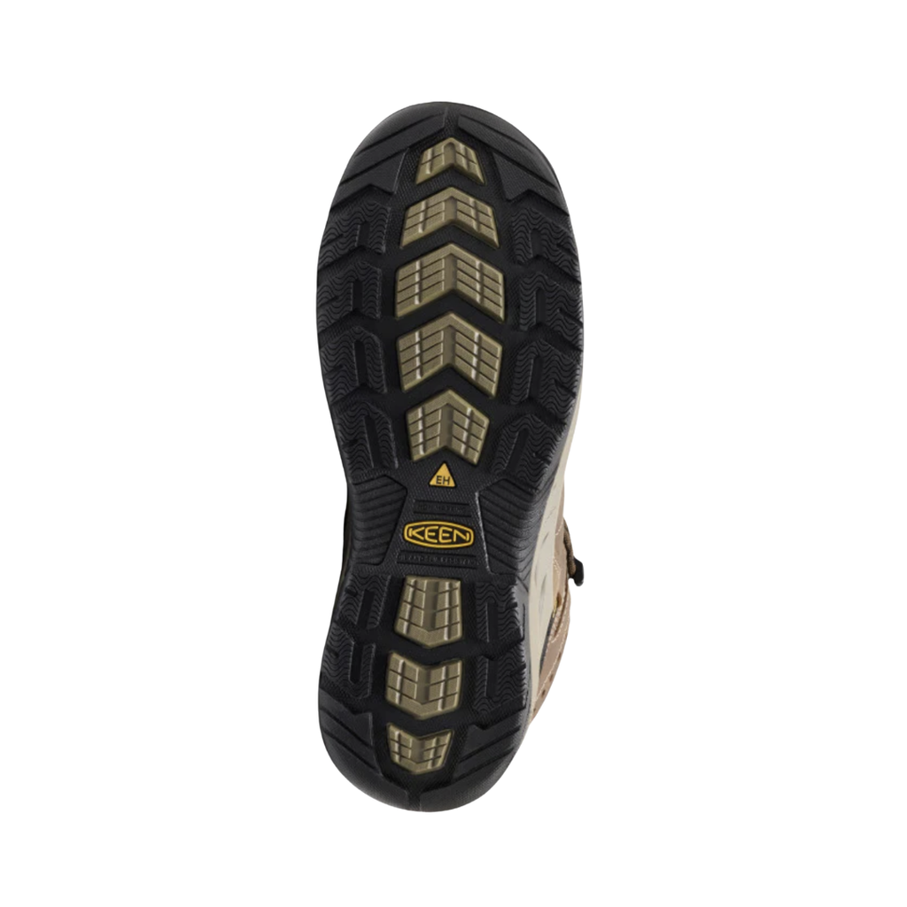 Bottom view of the KEEN Men's Flint II Mid Steel Toe Boot in Cascade Brown/Golden Rod highlighting the oil- and slip-resistant non-marking rubber outsole and rugged tread pattern designed to provide dependable traction on wet, oily, and uneven surfaces.