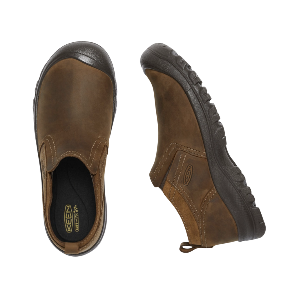 Top view of the KEEN Men's Grayson Slip-On in Mid Brown/Scylum displaying the premium leather upper, stretch-gore panels, breathable lining, and removable insole designed for comfortable extended wear and orthotic compatibility.