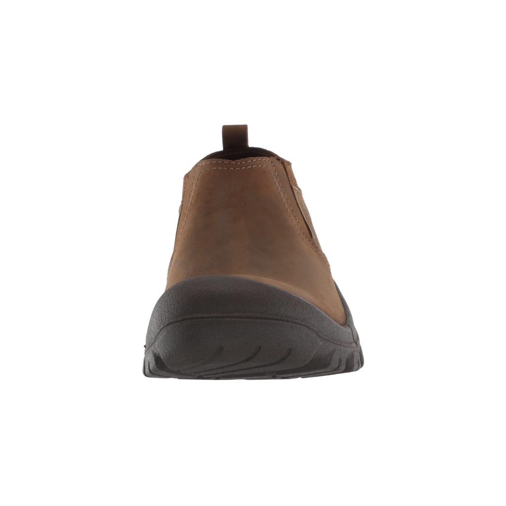 Front view of the KEEN Men's Grayson Slip-On in Mid Brown/Scylum showcasing the smooth leather upper, rounded toe, easy slip-on design, and stretch-gore panels for a secure, flexible fit.