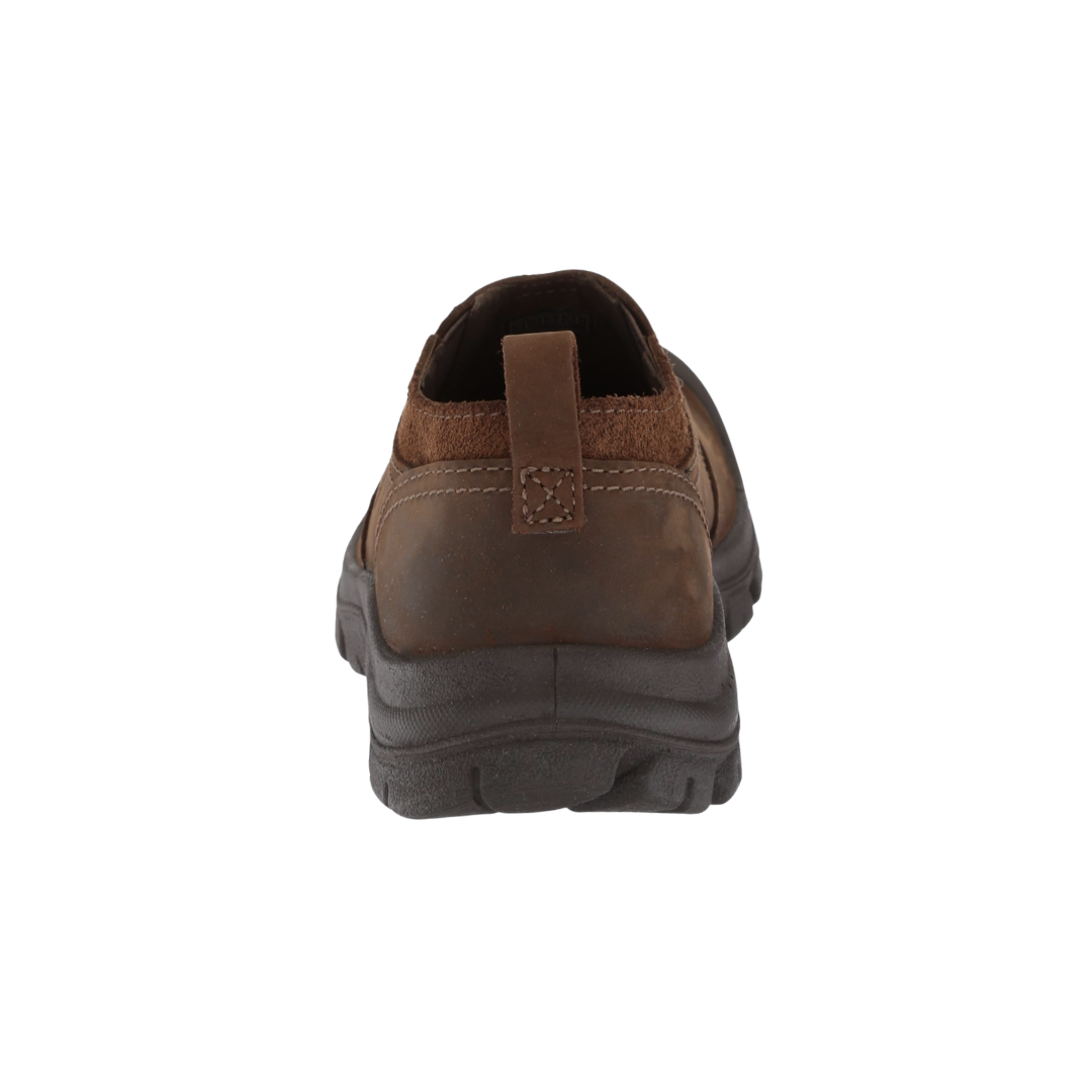 Rear view of the KEEN Men's Grayson Slip-On in Mid Brown/Scylum highlighting the structured leather heel, stretch-gore construction, cushioned midsole, and durable rubber outsole for dependable support.