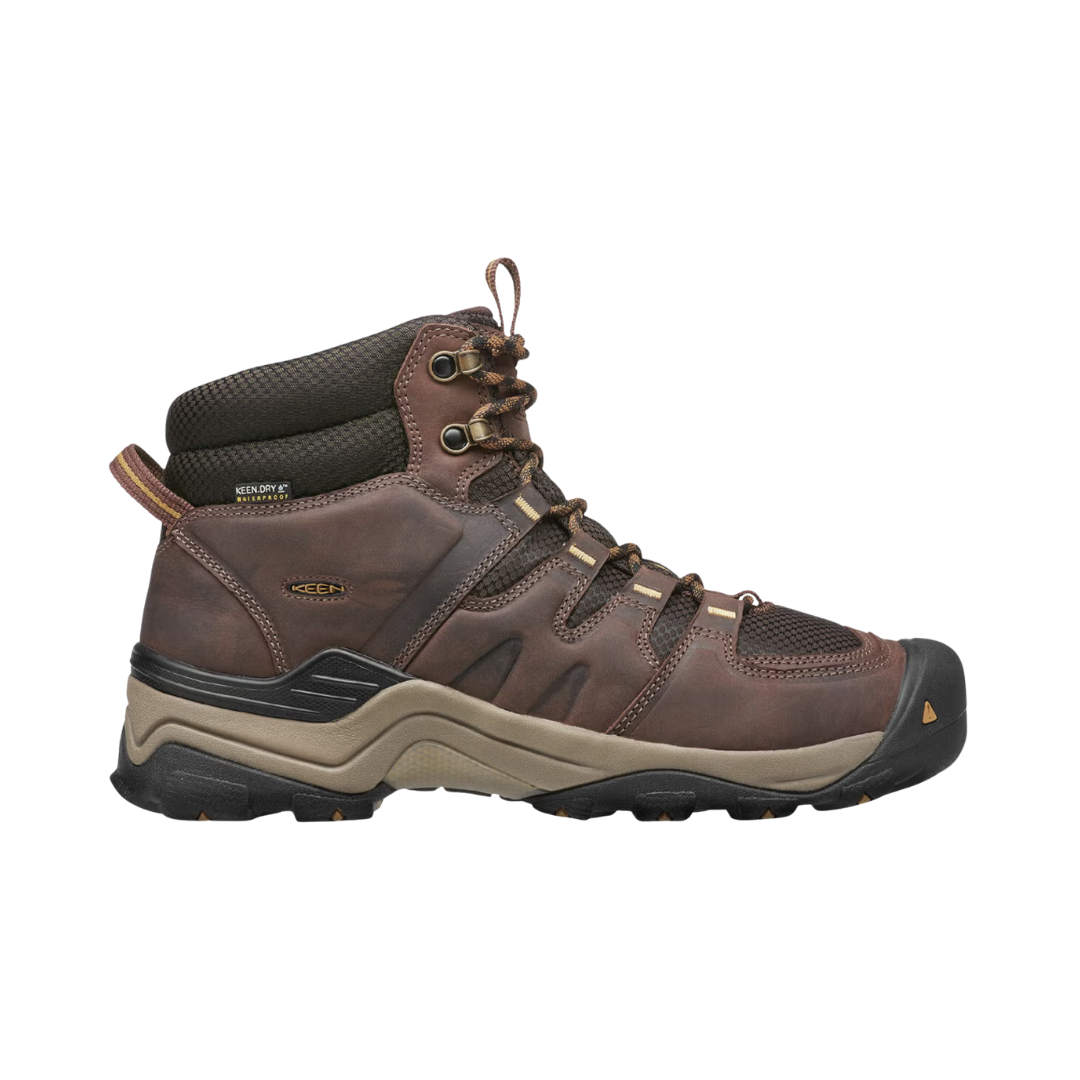 KEEN Men's Gypsum II Mid Waterproof hiking boot in Coffee Bean/Bronze Mist featuring a durable leather upper, KEEN.DRY waterproof membrane, dual-density EVA cushioning, mid-cut ankle support, and rugged construction for hiking and outdoor adventures.