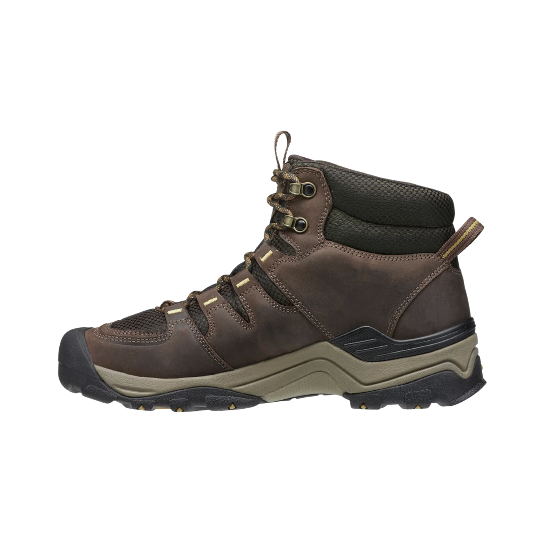 KEEN Men's Gypsum II Mid Waterproof hiking boot in Coffee Bean/Bronze Mist featuring a durable leather upper, KEEN.DRY waterproof membrane, dual-density EVA cushioning, mid-cut ankle support, and rugged construction for hiking and outdoor adventures.