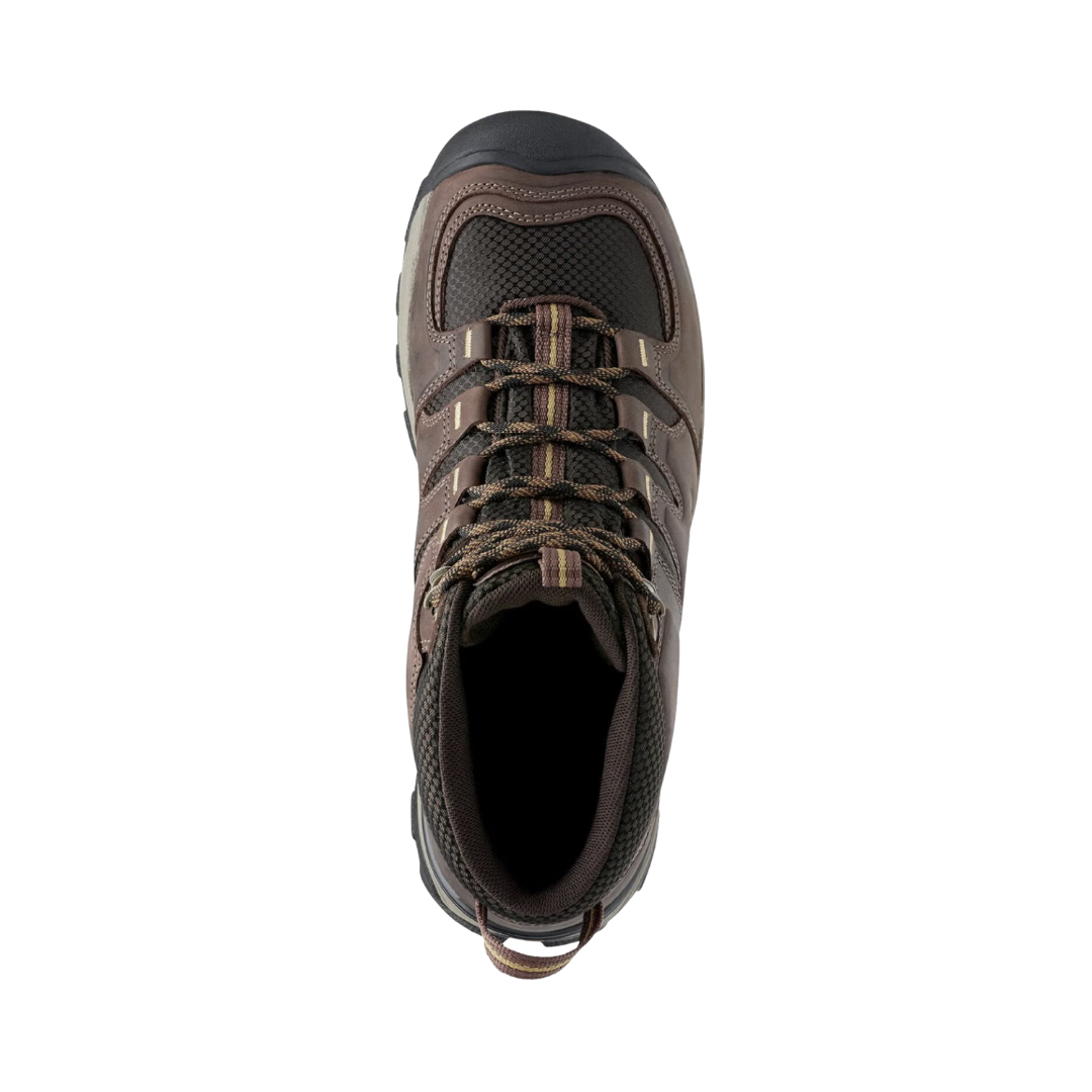 Top view of the KEEN Men's Gypsum II Mid Waterproof in Coffee Bean/Bronze Mist displaying the premium leather upper, secure lacing system, padded collar, moisture-wicking lining, and removable Metatomical footbed designed to accommodate custom orthotics.