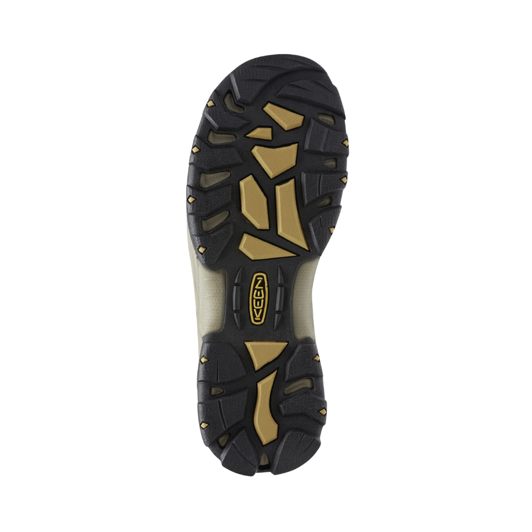 Bottom view of the KEEN Men's Gypsum II Mid Waterproof in Coffee Bean/Bronze Mist highlighting the high-traction rubber outsole and rugged tread pattern designed to provide dependable grip across dirt, rock, mud, and varied outdoor surfaces.