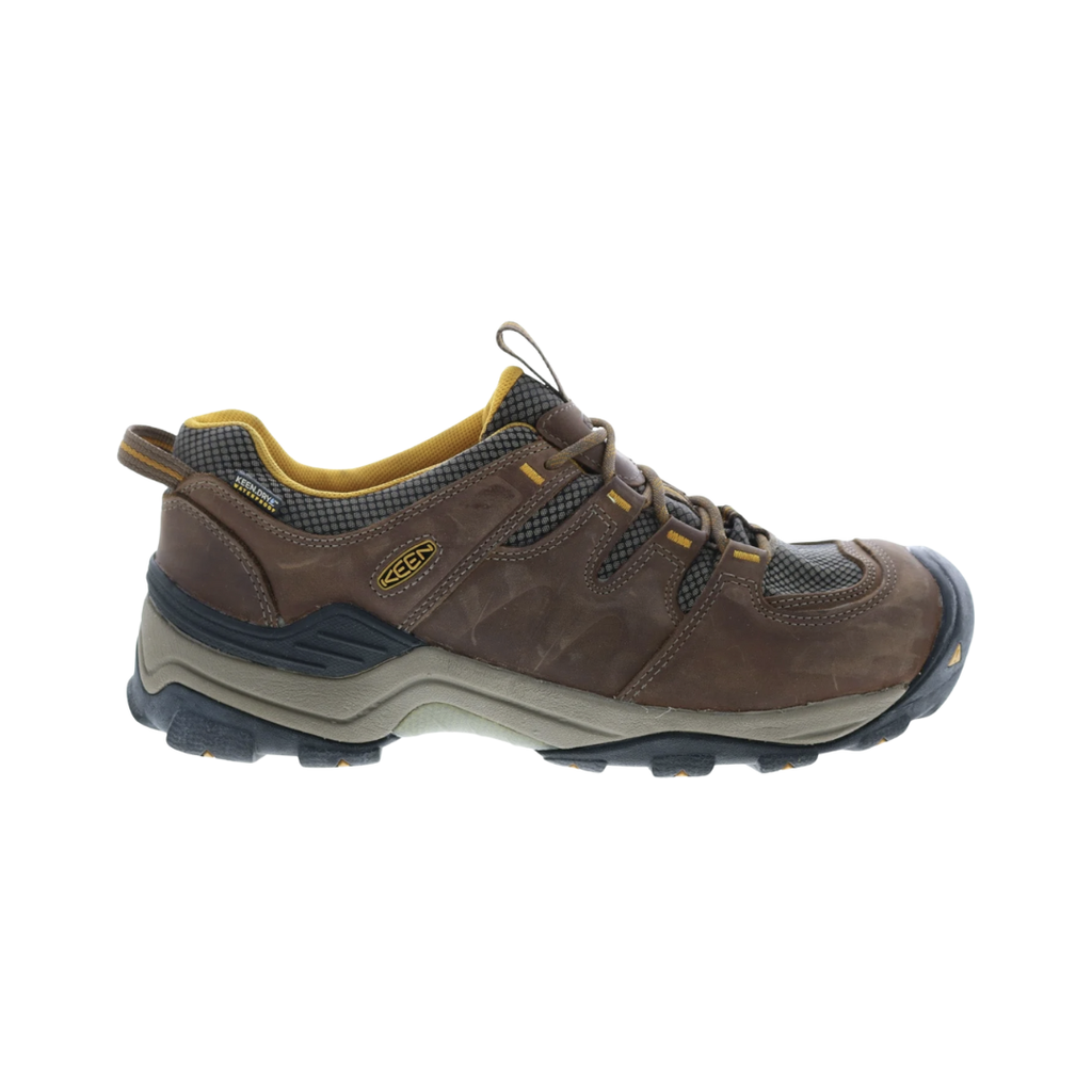 KEEN Men's Gypsum II Waterproof hiking shoe in Shitake/Golden Yellow featuring a durable nubuck leather upper, KEEN.DRY waterproof membrane, dual-density EVA cushioning, low-cut design, and rugged construction for outdoor adventures.