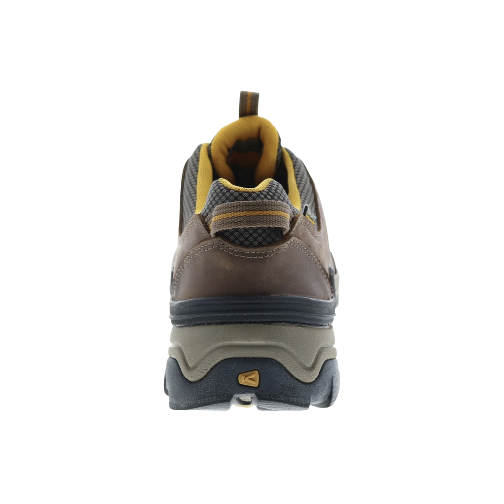 Rear view of the KEEN Men's Gypsum II Waterproof in Shitake/Golden Yellow highlighting the structured heel, stability support system, cushioned rearfoot, and durable rubber outsole designed for confident movement across uneven trails.