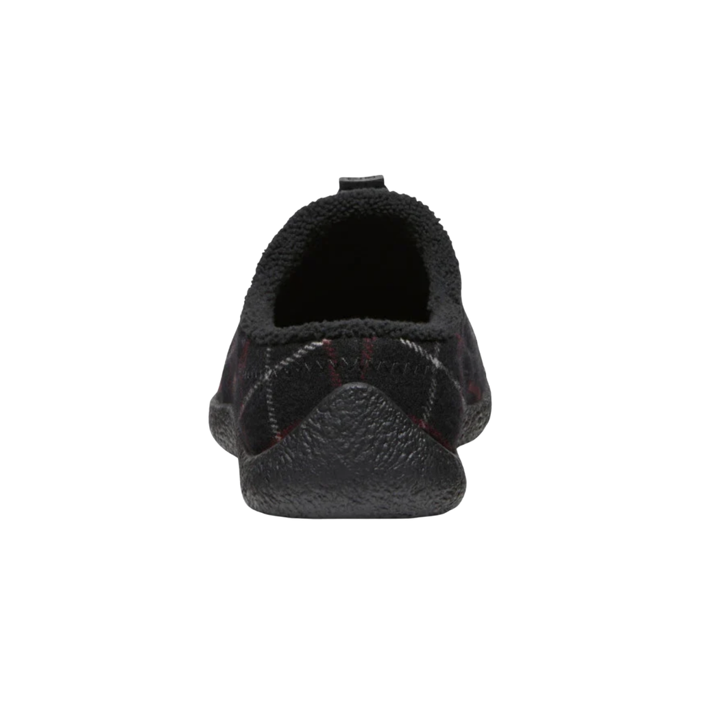Heel view of the KEEN Women's Howser III Slide in Black Plaid, highlighting the enclosed heel design and soft construction for comfortable everyday wear.