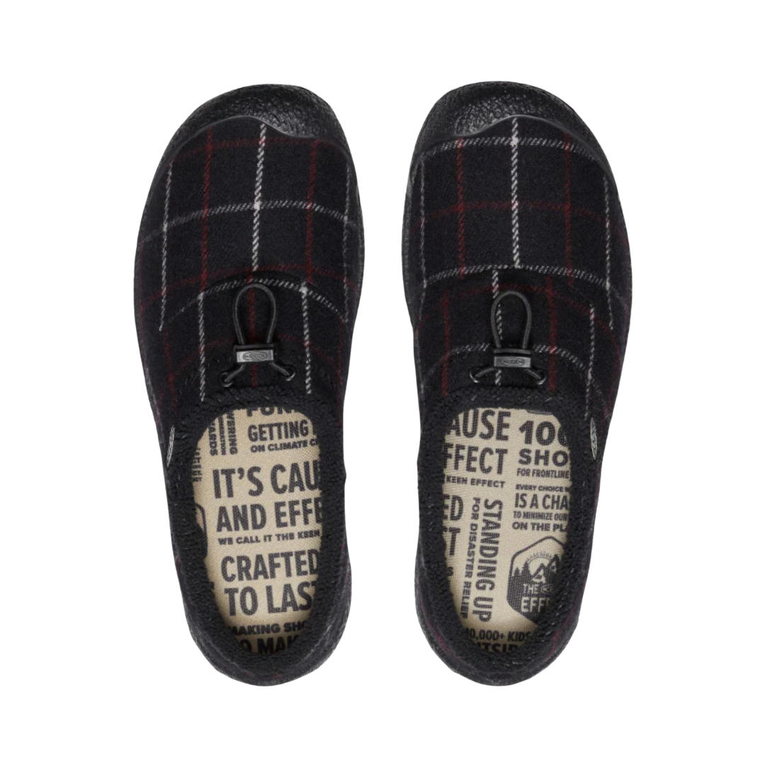 Top view of the KEEN Women's Howser III Slide in Black Plaid, displaying the plaid upper, wide opening, soft microfleece lining, and removable footbed for orthotic-friendly comfort.