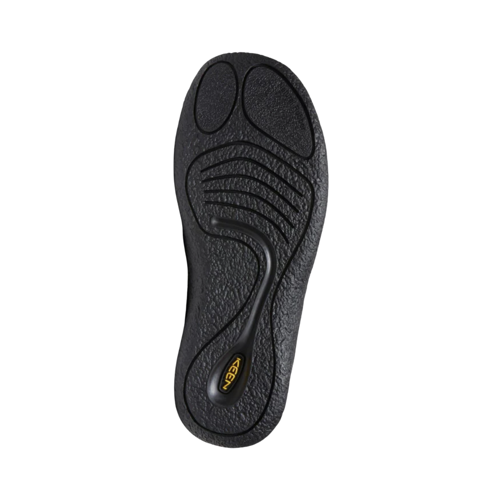 Bottom view of the KEEN Women's Howser III Slide in Black Plaid, featuring a non-marking rubber outsole designed for indoor grip and outdoor traction.