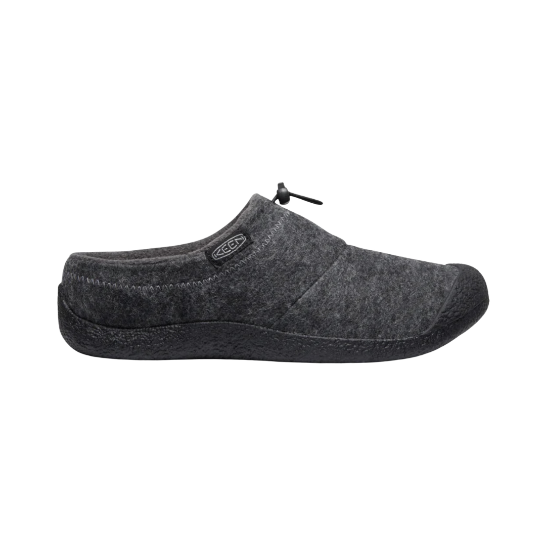 KEEN Men's Howser III Slide in Charcoal/Black featuring a cozy microfleece lining, slip-on design, stretch-gore panels, cushioned footbed, and durable non-marking rubber outsole for relaxed everyday wear.