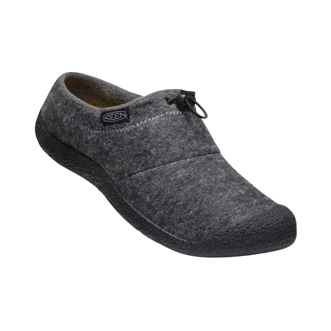 KEEN Men's Howser III Slide in Charcoal/Black featuring a cozy microfleece lining, slip-on design, stretch-gore panels, cushioned footbed, and durable non-marking rubber outsole for relaxed everyday wear.