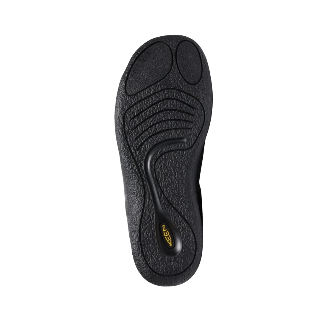 Bottom view of the KEEN Men's Howser III Slide in Charcoal/Black highlighting the non-marking rubber outsole and traction pattern designed to provide dependable grip indoors and outdoors.